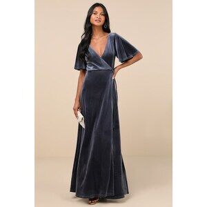 Lulus Defining Elegance Slate Blue Velour Short Sleeve Wrap Maxi Dress - Size M